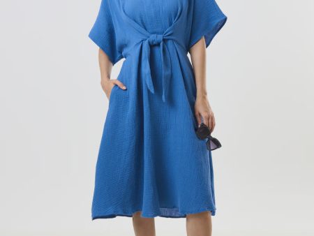 Elody Blue Double Gauze Tie Waist Midi Dress Supply