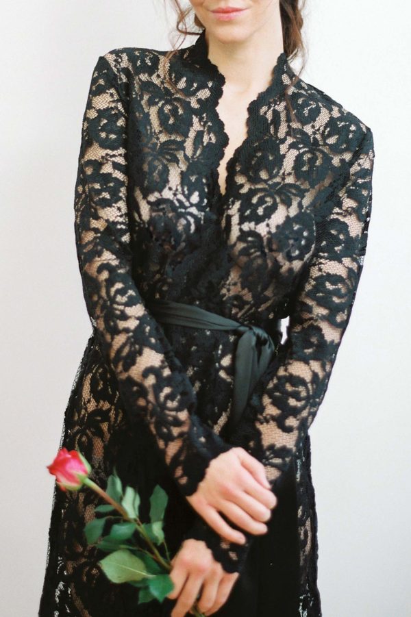 Lauren Stretch French Lace Robe in Black For Cheap