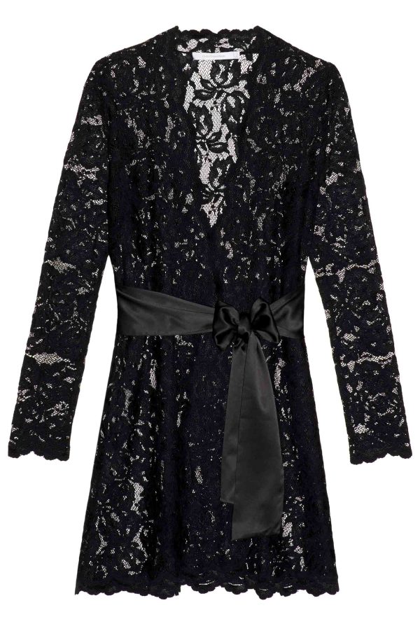 Lauren Stretch French Lace Robe in Black For Cheap