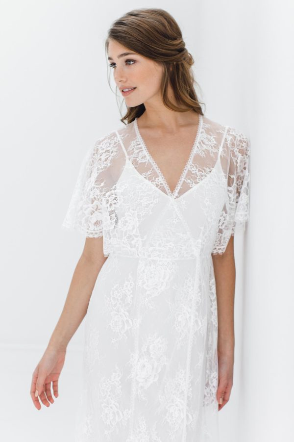 Anita Midi lace robe with flutter kimono sleeves in Ivory Online now