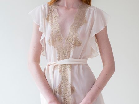 Honey Flutter sleeves French lace robe rose gold For Sale