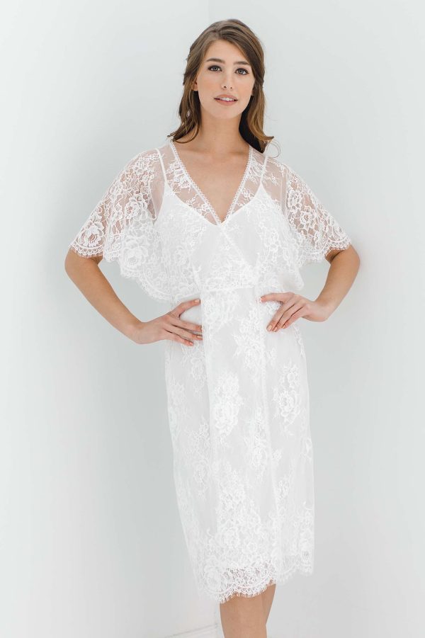 Anita Midi lace robe with flutter kimono sleeves in Ivory Online now