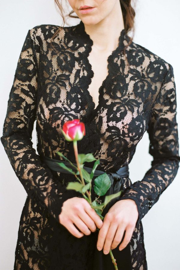 Lauren Stretch French Lace Robe in Black For Cheap