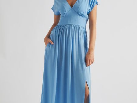 Unity Moss Blue Crepe V Neck Midi Dress Fashion