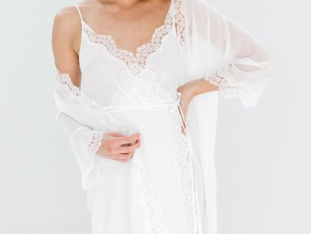 Lille Silk Chiffon and lace kimono robe in Ivory Online